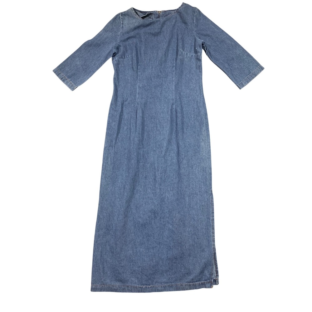 Vintage Brioche California Denim Midi Dress 3/4 Sleeve Zipper Back Size 10 USA *